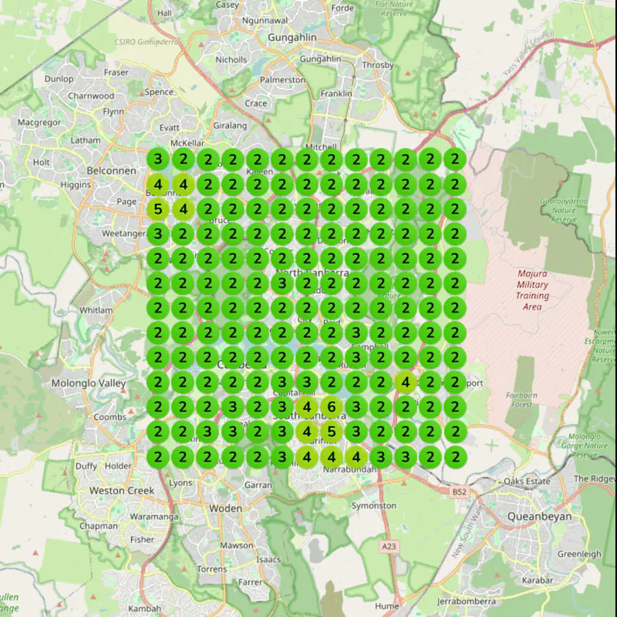 Canberra rank grid after the work, mostly green