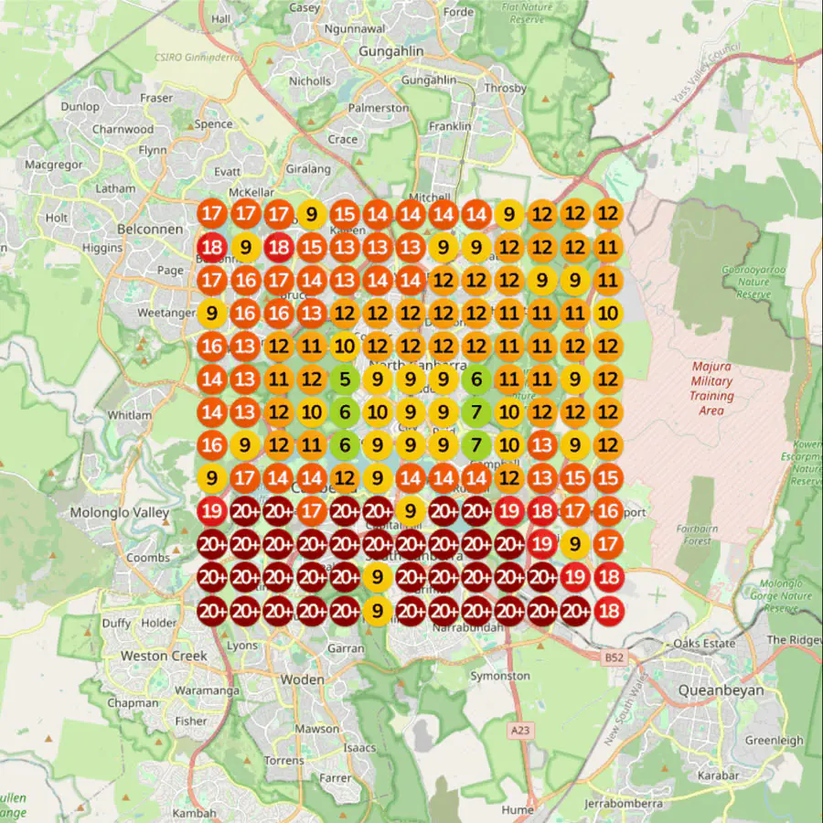 Canberra rank grid before the work, mostly red