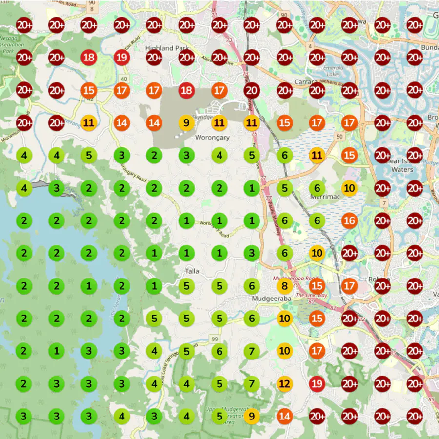 Gold Coast rank grid before the work, mostly red