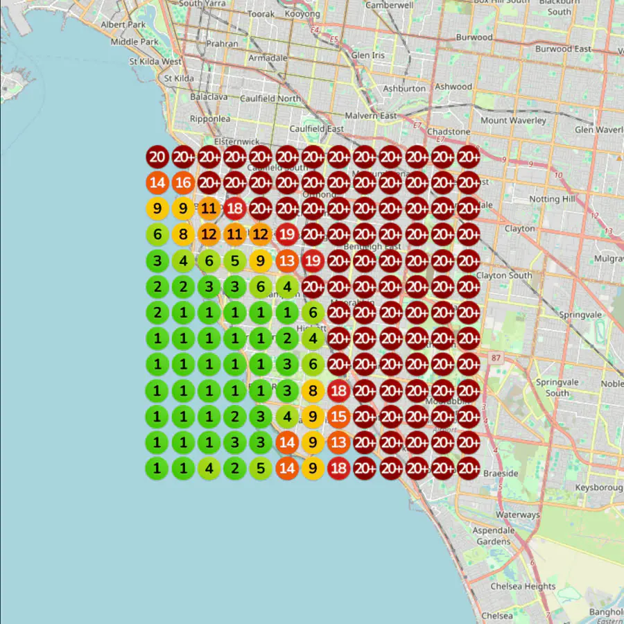 Rank grid before the work: mostly red, page two and beyond