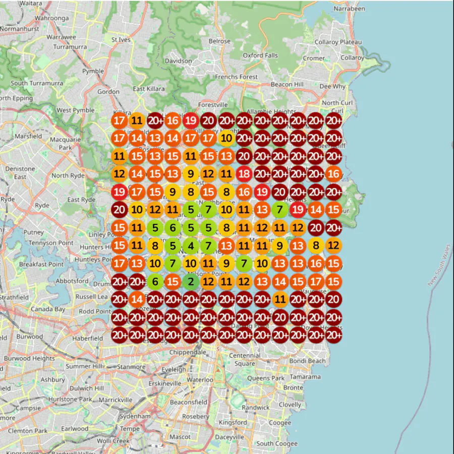 Sydney rank grid before the work, mostly red
